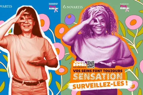 Illustration of women holding up one breast and focussing on one eye